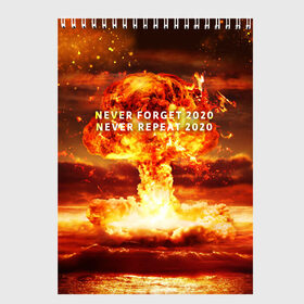 Скетчбук с принтом Never forget 2020 в Тюмени, 100% бумага
 | 48 листов, плотность листов — 100 г/м2, плотность картонной обложки — 250 г/м2. Листы скреплены сверху удобной пружинной спиралью | Тематика изображения на принте: 2020 | never forget | взрыв | огонь | ядерный гриб