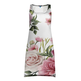 Платье-майка 3D с принтом Розовые розы в Тюмени, 100% полиэстер | полуприлегающий силуэт, широкие бретели, круглый вырез горловины, удлиненный подол сзади. | pink | rose | букет | розовое настроение | цветы