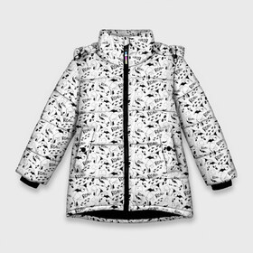 Зимняя куртка для девочек 3D с принтом Милые динозавры в Тюмени, ткань верха — 100% полиэстер; подклад — 100% полиэстер, утеплитель — 100% полиэстер. | длина ниже бедра, удлиненная спинка, воротник стойка и отстегивающийся капюшон. Есть боковые карманы с листочкой на кнопках, утяжки по низу изделия и внутренний карман на молнии. 

Предусмотрены светоотражающий принт на спинке, радужный светоотражающий элемент на пуллере молнии и на резинке для утяжки. | dinosaurs | footprints | pattern | roar | wings | динозавры | крылья | рык | следы | узор