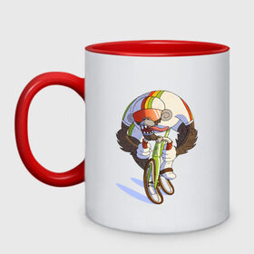 Кружка двухцветная с принтом Безумный велосипедист в Тюмени, керамика | объем — 330 мл, диаметр — 80 мм. Цветная ручка и кайма сверху, в некоторых цветах — вся внутренняя часть | арт | велосипед | велосипедист | обезьяна | рисунок | спортсмен