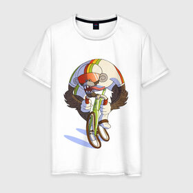 Мужская футболка хлопок с принтом Безумный велосипедист в Тюмени, 100% хлопок | прямой крой, круглый вырез горловины, длина до линии бедер, слегка спущенное плечо. | арт | велосипед | велосипедист | обезьяна | рисунок | спортсмен