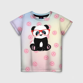 Детская футболка 3D с принтом Милая пандочка  в Тюмени, 100% гипоаллергенный полиэфир | прямой крой, круглый вырез горловины, длина до линии бедер, чуть спущенное плечо, ткань немного тянется | маленькая панда | маленькая пандочк | милая панда | милая пандочка | панда | панда в красных очках | панда в очках | панда очки | панда сердечки | панда сердце | пандочка | пандочка в красных очках