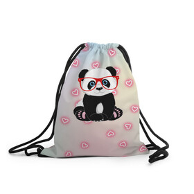 Рюкзак-мешок 3D с принтом Милая пандочка  в Тюмени, 100% полиэстер | плотность ткани — 200 г/м2, размер — 35 х 45 см; лямки — толстые шнурки, застежка на шнуровке, без карманов и подкладки | маленькая панда | маленькая пандочк | милая панда | милая пандочка | панда | панда в красных очках | панда в очках | панда очки | панда сердечки | панда сердце | пандочка | пандочка в красных очках