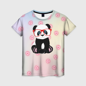 Женская футболка 3D с принтом Милая пандочка  в Тюмени, 100% полиэфир ( синтетическое хлопкоподобное полотно) | прямой крой, круглый вырез горловины, длина до линии бедер | маленькая панда | маленькая пандочк | милая панда | милая пандочка | панда | панда в красных очках | панда в очках | панда очки | панда сердечки | панда сердце | пандочка | пандочка в красных очках