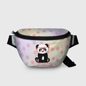 Поясная сумка 3D с принтом Милая пандочка в Тюмени, 100% полиэстер | плотная ткань, ремень с регулируемой длиной, внутри несколько карманов для мелочей, основное отделение и карман с обратной стороны сумки застегиваются на молнию | маленькая панда | маленькая пандочк | милая панда | милая пандочка | панда | панда в красных очках | панда в очках | панда очки | панда сердечки | панда сердце | пандочка | пандочка в красных очках
