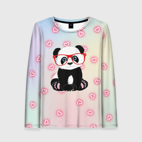 Женский лонгслив 3D с принтом Милая пандочка  в Тюмени, 100% полиэстер | длинные рукава, круглый вырез горловины, полуприлегающий силуэт | маленькая панда | маленькая пандочк | милая панда | милая пандочка | панда | панда в красных очках | панда в очках | панда очки | панда сердечки | панда сердце | пандочка | пандочка в красных очках