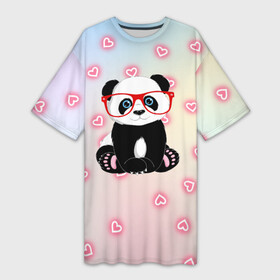 Платье-футболка 3D с принтом Милая пандочка в Тюмени,  |  | маленькая панда | маленькая пандочк | милая панда | милая пандочка | панда | панда в красных очках | панда в очках | панда очки | панда сердечки | панда сердце | пандочка | пандочка в красных очках