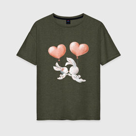 Женская футболка хлопок Oversize с принтом Пара влюбленных зайчиков в Тюмени, 100% хлопок | свободный крой, круглый ворот, спущенный рукав, длина до линии бедер
 | зайчики | любовь | пара | розовый | сердце | серый | шарики
