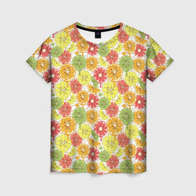 Женская футболка 3D с принтом Бодрый цитрус в Тюмени, 100% полиэфир ( синтетическое хлопкоподобное полотно) | прямой крой, круглый вырез горловины, длина до линии бедер | grapefruit | lemon | lime | orange | апельсин | грейпфрут | лайм | лимон | помело | свити