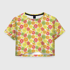 Женская футболка Crop-top 3D с принтом Бодрый цитрус в Тюмени, 100% полиэстер | круглая горловина, длина футболки до линии талии, рукава с отворотами | grapefruit | lemon | lime | orange | апельсин | грейпфрут | лайм | лимон | помело | свити