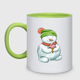 Кружка двухцветная с принтом Снеговик с мороженным в Тюмени, керамика | объем — 330 мл, диаметр — 80 мм. Цветная ручка и кайма сверху, в некоторых цветах — вся внутренняя часть | 