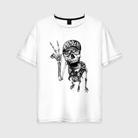 Женская футболка хлопок Oversize с принтом Скелет в Тюмени, 100% хлопок | свободный крой, круглый ворот, спущенный рукав, длина до линии бедер
 | арт | весёлый скелет | гот | готика | готическое | зомби | кепка | молодой | очки | рисунок | скелет