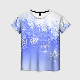 Женская футболка 3D с принтом Новогоднее в Тюмени, 100% полиэфир ( синтетическое хлопкоподобное полотно) | прямой крой, круглый вырез горловины, длина до линии бедер | год | елка | иней | новый | рождество | снежинки