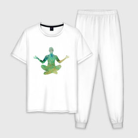 Мужская пижама хлопок с принтом Йога тайм в Тюмени, 100% хлопок | брюки и футболка прямого кроя, без карманов, на брюках мягкая резинка на поясе и по низу штанин
 | Тематика изображения на принте: здоровье | йога | кундалини | медитация | релаксация | тело | фитнес | энергия