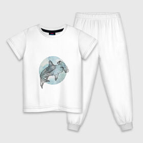 Детская пижама хлопок с принтом Акула-молот в Тюмени, 100% хлопок |  брюки и футболка прямого кроя, без карманов, на брюках мягкая резинка на поясе и по низу штанин
 | circle | graphics | moon | shark | watercolor | акварель | акула | графика | круг | луна