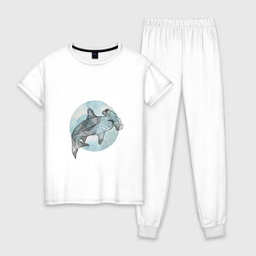 Женская пижама хлопок с принтом Акула-молот в Тюмени, 100% хлопок | брюки и футболка прямого кроя, без карманов, на брюках мягкая резинка на поясе и по низу штанин | circle | graphics | moon | shark | watercolor | акварель | акула | графика | круг | луна