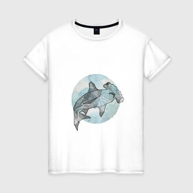 Женская футболка хлопок с принтом Акула-молот в Тюмени, 100% хлопок | прямой крой, круглый вырез горловины, длина до линии бедер, слегка спущенное плечо | circle | graphics | moon | shark | watercolor | акварель | акула | графика | круг | луна
