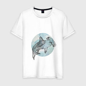 Мужская футболка хлопок с принтом Акула-молот в Тюмени, 100% хлопок | прямой крой, круглый вырез горловины, длина до линии бедер, слегка спущенное плечо. | circle | graphics | moon | shark | watercolor | акварель | акула | графика | круг | луна