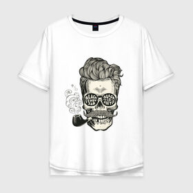 Мужская футболка хлопок Oversize с принтом Стильный барбер в Тюмени, 100% хлопок | свободный крой, круглый ворот, “спинка” длиннее передней части | barber | pipe | skull | smoke | барбер | дым | очки | трубка | череп
