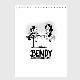 Скетчбук с принтом Bendy And The Ink Machine в Тюмени, 100% бумага
 | 48 листов, плотность листов — 100 г/м2, плотность картонной обложки — 250 г/м2. Листы скреплены сверху удобной пружинной спиралью | bendy | bendy and the ink machine | бенди | бени | бенни | бэнди | детская | детям | игра | капли | компьютерная игра | краска | машина | подтеки | ужастик | чернила | чернильная