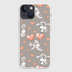 Чехол для iPhone 13 mini с принтом Влюбленные в Тюмени,  |  | влюбленные | зайчики | пара | розовый | сердце | серый | шарики