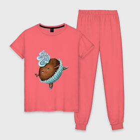 Женская пижама хлопок с принтом капкейк в Тюмени, 100% хлопок | брюки и футболка прямого кроя, без карманов, на брюках мягкая резинка на поясе и по низу штанин | балерина | капкейк | кекс | пироженное | пуанты