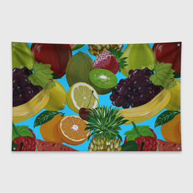 Флаг-баннер с принтом Фруктовый микс в Тюмени, 100% полиэстер | размер 67 х 109 см, плотность ткани — 95 г/м2; по краям флага есть четыре люверса для крепления | ананас | апельсин | виноград | киви | клубника | кокос | фрукты
