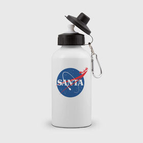Бутылка спортивная с принтом SANTA \ NASA. в Тюмени, металл | емкость — 500 мл, в комплекте две пластиковые крышки и карабин для крепления | 
