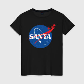 Женская футболка хлопок с принтом SANTA \ NASA. в Тюмени, 100% хлопок | прямой крой, круглый вырез горловины, длина до линии бедер, слегка спущенное плечо | 