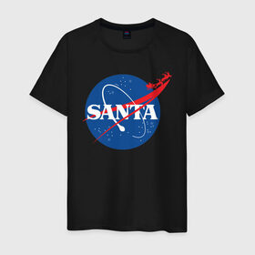 Мужская футболка хлопок с принтом SANTA \ NASA. в Тюмени, 100% хлопок | прямой крой, круглый вырез горловины, длина до линии бедер, слегка спущенное плечо. | Тематика изображения на принте: 