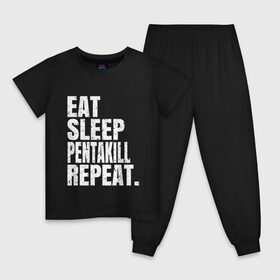 Детская пижама хлопок с принтом EAT SLEEP PENTAKILL REPEAT в Тюмени, 100% хлопок |  брюки и футболка прямого кроя, без карманов, на брюках мягкая резинка на поясе и по низу штанин
 | Тематика изображения на принте: ahri | akali | ashe | carry | darius | draven | eat | eat sleep pentakill repeat | ezreal | fizz | galio | game | garen | jax | jhin | jinx | kill | league of legends | lol | penta | pentakill | repeat | sleep | игра |