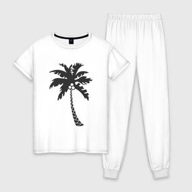 Женская пижама хлопок с принтом Пальма в Тюмени, 100% хлопок | брюки и футболка прямого кроя, без карманов, на брюках мягкая резинка на поясе и по низу штанин | palm | дерево | жаркие страны | кокосы | море | отдых | черно белый | черный | экзотика