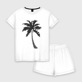 Женская пижама с шортиками хлопок с принтом Пальма в Тюмени, 100% хлопок | футболка прямого кроя, шорты свободные с широкой мягкой резинкой | palm | дерево | жаркие страны | кокосы | море | отдых | черно белый | черный | экзотика