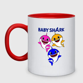 Кружка двухцветная с принтом Baby Shark в Тюмени, керамика | объем — 330 мл, диаметр — 80 мм. Цветная ручка и кайма сверху, в некоторых цветах — вся внутренняя часть | baby | baby shark | shark | акула | анимация | бэби | бэби шарк | дети | мультфильм | песня | ребенок | шарк