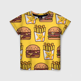 Детская футболка 3D с принтом фастфуд в Тюмени, 100% гипоаллергенный полиэфир | прямой крой, круглый вырез горловины, длина до линии бедер, чуть спущенное плечо, ткань немного тянется | гамбургер | еда | картошка фри | фастфуд