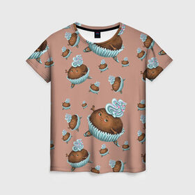 Женская футболка 3D с принтом Шоколадка-балеринка в Тюмени, 100% полиэфир ( синтетическое хлопкоподобное полотно) | прямой крой, круглый вырез горловины, длина до линии бедер | балерина | девочка | пирожное | пуанты | танец | шоколад