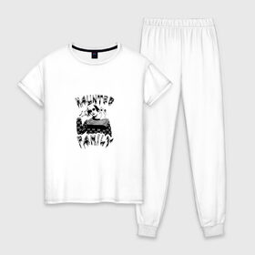 Женская пижама хлопок с принтом Haunted Family в Тюмени, 100% хлопок | брюки и футболка прямого кроя, без карманов, на брюках мягкая резинка на поясе и по низу штанин | haunted family | kizaru | исполнитель | кизару | музыка | репер | рэп | хип хоп