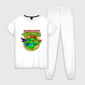 Женская пижама хлопок с принтом Ninja Turtles в Тюмени, 100% хлопок | брюки и футболка прямого кроя, без карманов, на брюках мягкая резинка на поясе и по низу штанин | donatello | leonardo | michelangelo | ninja | pizza | raphael | turtles | воин | донателло | животные | карате | комикс | комиксы | леонардо | микеланджело | мультфильм | мутант | мутанты | ниндзя | пицца | рафаэль | сплинтер