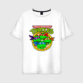 Женская футболка хлопок Oversize с принтом Ninja Turtles в Тюмени, 100% хлопок | свободный крой, круглый ворот, спущенный рукав, длина до линии бедер
 | donatello | leonardo | michelangelo | ninja | pizza | raphael | turtles | воин | донателло | животные | карате | комикс | комиксы | леонардо | микеланджело | мультфильм | мутант | мутанты | ниндзя | пицца | рафаэль | сплинтер