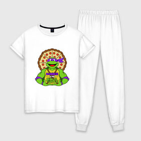 Женская пижама хлопок с принтом Donnie в Тюмени, 100% хлопок | брюки и футболка прямого кроя, без карманов, на брюках мягкая резинка на поясе и по низу штанин | donatello | leonardo | michelangelo | ninja | pizza | raphael | turtles | воин | донателло | животные | карате | комикс | комиксы | леонардо | микеланджело | мультфильм | мутант | мутанты | ниндзя | пицца | рафаэль | сплинтер