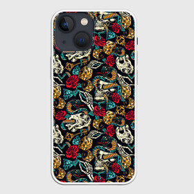 Чехол для iPhone 13 mini с принтом Hardcore tattoo в Тюмени,  |  | colorful | skull | snake | tattoo | vintage | винтаж | змеи | игральные | кости | скелет | тату | цветной | цветы | черепа