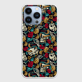 Чехол для iPhone 13 Pro с принтом Hardcore tattoo в Тюмени,  |  | Тематика изображения на принте: colorful | skull | snake | tattoo | vintage | винтаж | змеи | игральные | кости | скелет | тату | цветной | цветы | черепа