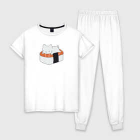 Женская пижама хлопок с принтом Суши в Тюмени, 100% хлопок | брюки и футболка прямого кроя, без карманов, на брюках мягкая резинка на поясе и по низу штанин | вкусняшка | котейка | любовь | милый