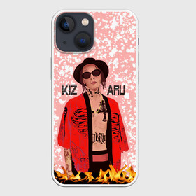 Чехол для iPhone 13 mini с принтом KIZARU в Тюмени,  |  | death in a cloak | explosion | haunted family lettering | haunted family print | kizaru | rapper | tattoos | белые кляксы | взрыв | кизару | надпись haunted family | певец | принт haunted family | розовый | рэпер | татуировки |