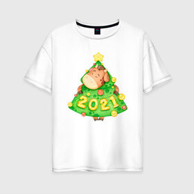 Женская футболка хлопок Oversize с принтом Год быка 2021 Елочка-бычок в Тюмени, 100% хлопок | свободный крой, круглый ворот, спущенный рукав, длина до линии бедер
 | 