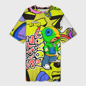 Платье-футболка 3D с принтом Brawl Stars (skateboard) в Тюмени,  |  | brawl | break dance | leon | moba | skateboard | stars | supercell | surfing | игра | коллаборация | коллаж | паттерн