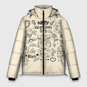 Мужская зимняя куртка 3D с принтом Happy Valentines day в Тюмени, верх — 100% полиэстер; подкладка — 100% полиэстер; утеплитель — 100% полиэстер | длина ниже бедра, свободный силуэт Оверсайз. Есть воротник-стойка, отстегивающийся капюшон и ветрозащитная планка. 

Боковые карманы с листочкой на кнопках и внутренний карман на молнии. | Тематика изображения на принте: angel | arrow | birds | butterfly | coffee | couple | diamond | flower | heart | kiss | letter | ring | valentine | ангел | бабочка | бриллиант | валентинка | кольцо | кофе | парочка | письмо | поцелуй | птицы | сердце | стрела | цветок