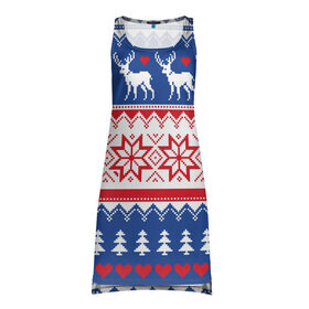 Платье-майка 3D с принтом Новогодний узор с оленями в Тюмени, 100% полиэстер | полуприлегающий силуэт, широкие бретели, круглый вырез горловины, удлиненный подол сзади. | 