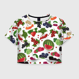 Женская футболка Crop-top 3D с принтом Ягоды в Тюмени, 100% полиэстер | круглая горловина, длина футболки до линии талии, рукава с отворотами | арбуз | белый фон | вишня | вкуснятина | калина | клубника | коллекция ягод | крыжовник | лето | малина | огород | рябина | сладкие | смородина | спелые | черника | ягодный фон | ягоды