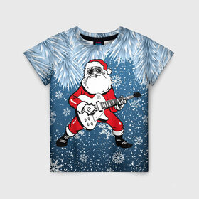 Детская футболка 3D с принтом Дед Мороз Рокер в Тюмени, 100% гипоаллергенный полиэфир | прямой крой, круглый вырез горловины, длина до линии бедер, чуть спущенное плечо, ткань немного тянется | Тематика изображения на принте: гитара | гитарист | год | дед | зима | зимний | клаус | метал | металл | мороз | музыка | музыкант | новый | рождество | рок | рокер | санта